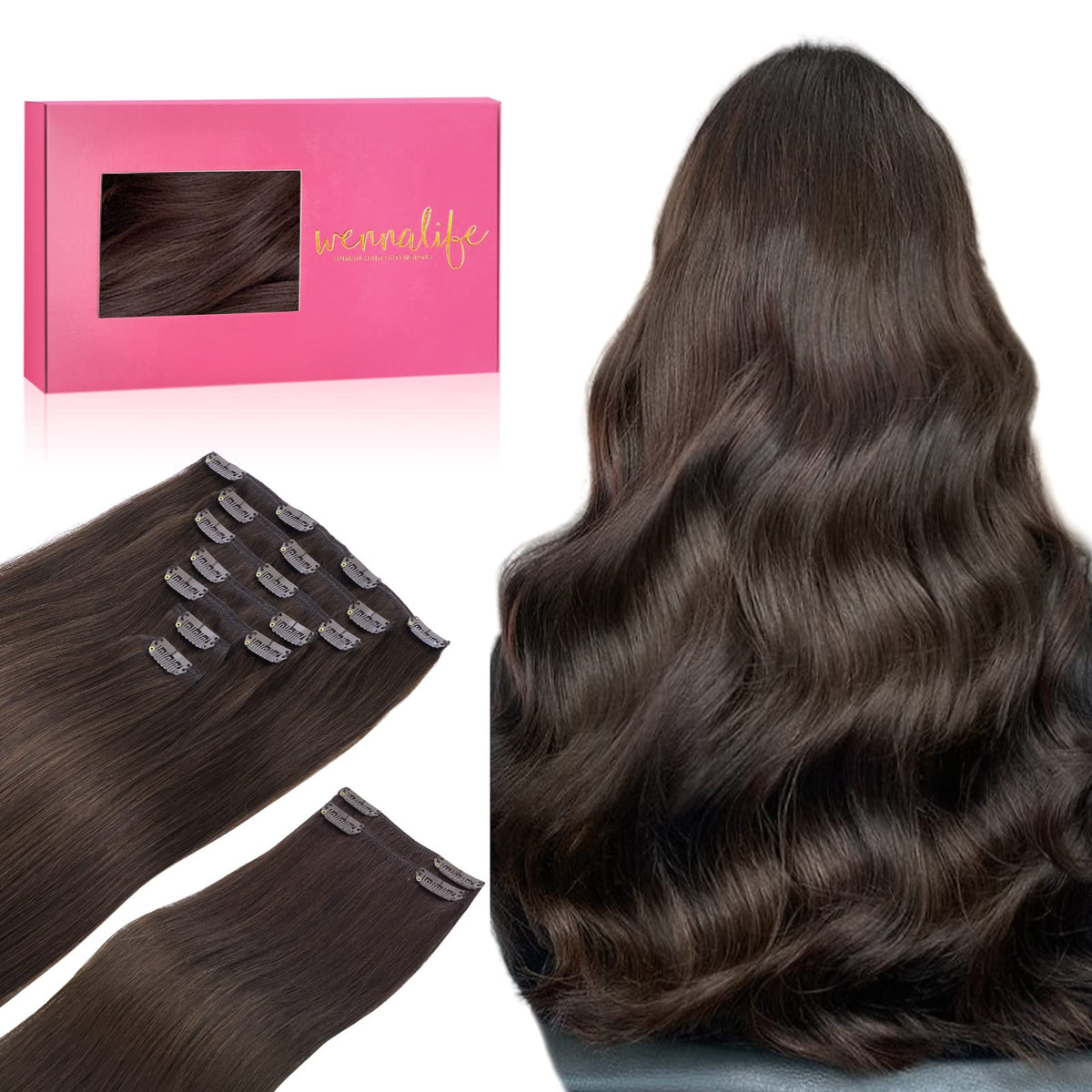 WENNALIFE 18 Inch Clip in Hair Extensions 150g Real Human Hair Light Dark Brown Remy Double Weft