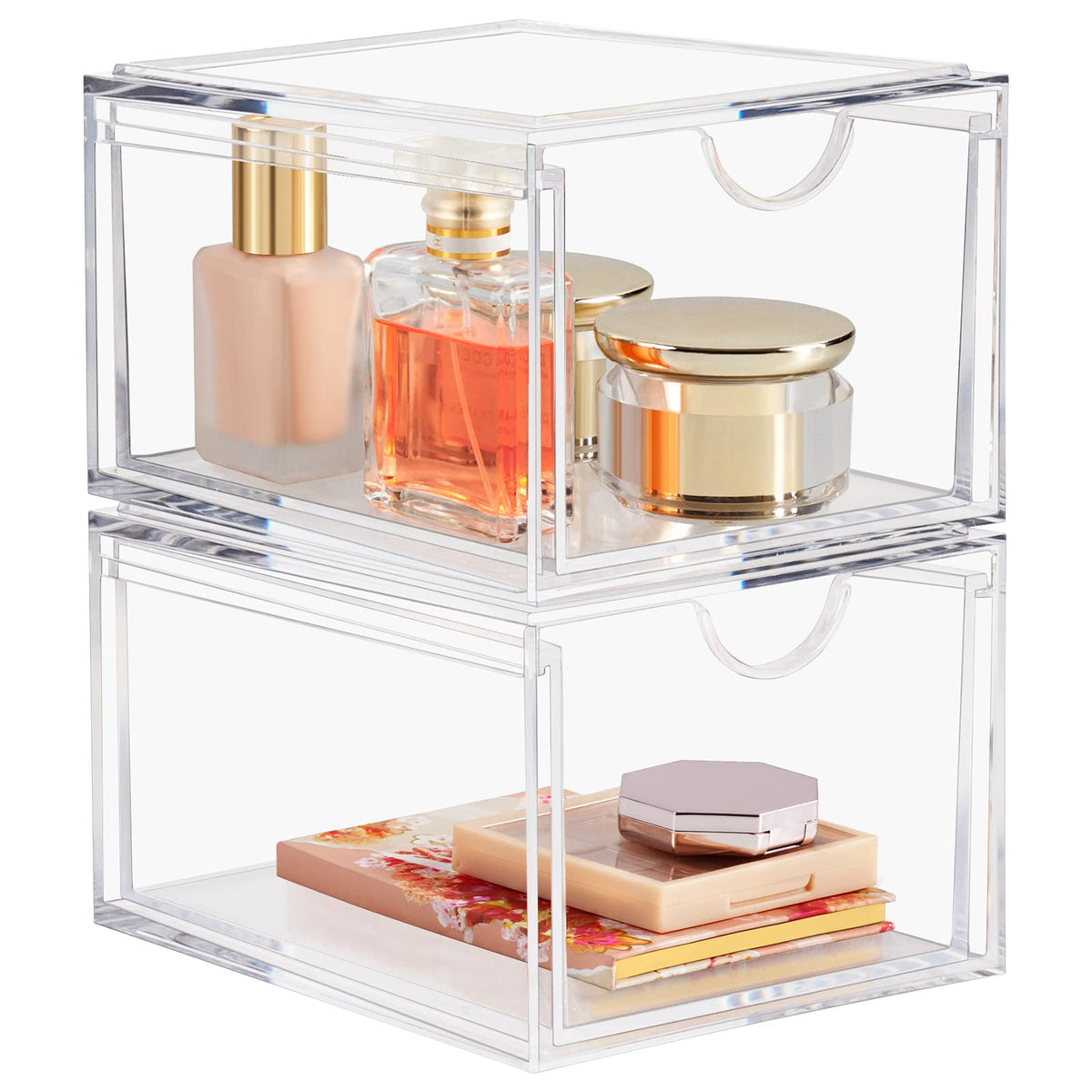 Boxalls Acrylic Stackable Storage Drawers - 2 Pack Clear Makeup Organizer For Vanity & Bathroom