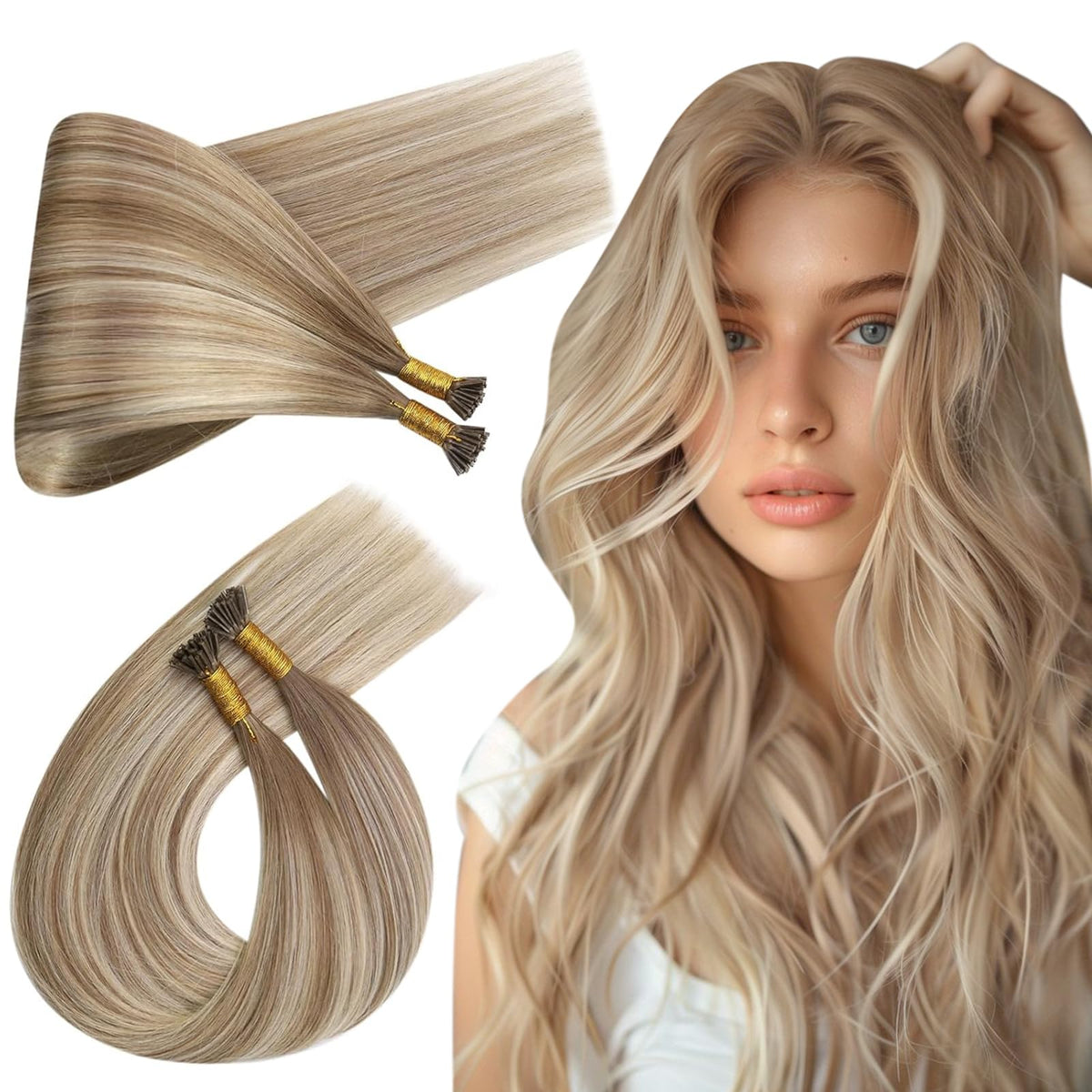 Ugeat Balayage I Tips Hair Extensions 16&quot; Real Human Hair Ombre Light Brown Platinum Blonde