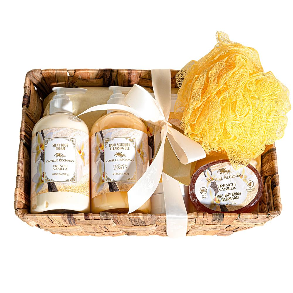 Camille Beckman French Vanilla Gift Basket - Hand Therapy, Body Cream, Cleansing Gel & Soap