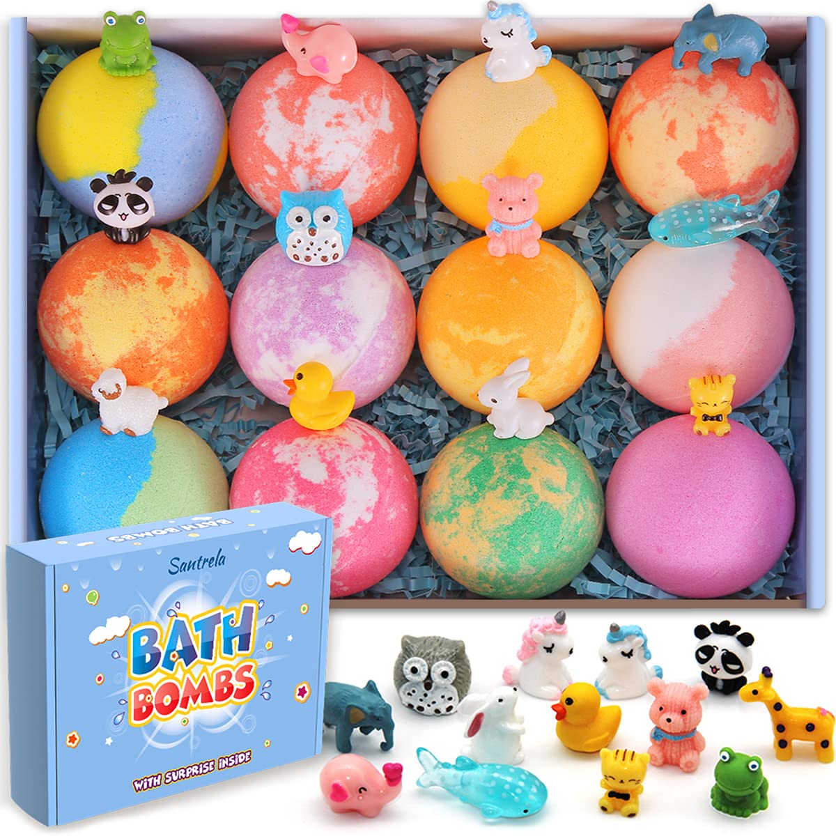 Santrela Bath Bombs For Kids - 12 Pack Fizzies With Toys, Safe & Fun Gift For Boys & Girls