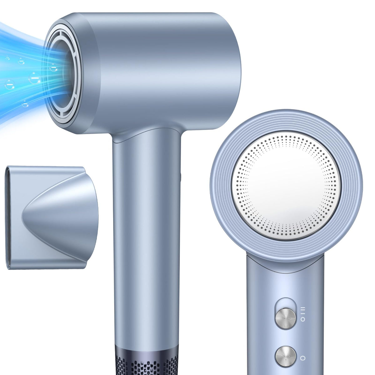 Snlws Hair Dryer - 200M Negative Ionic, 110K Rpm Motor, 3 Heat Levels, Light Silver Blue