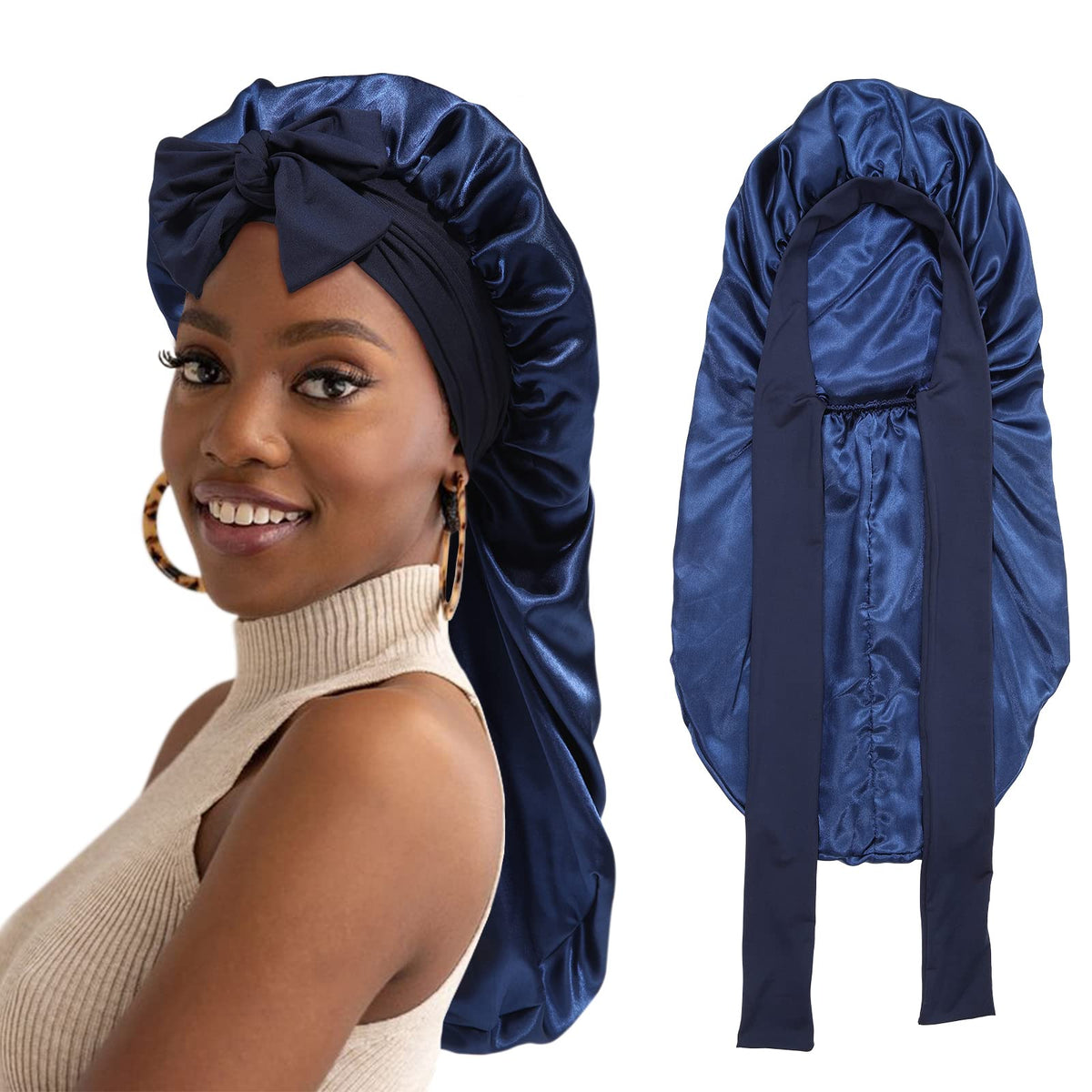 Awaytr Navy Blue Double Layer Satin Bonnet - Elastic Sleeping Cap For Braids With Tie Band