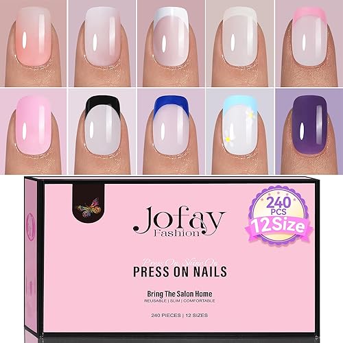 Jofay Fashion Soft Gel Nail Tips Kit - 240 Pcs French Tip Acrylic Fake Nails, Short Design Set