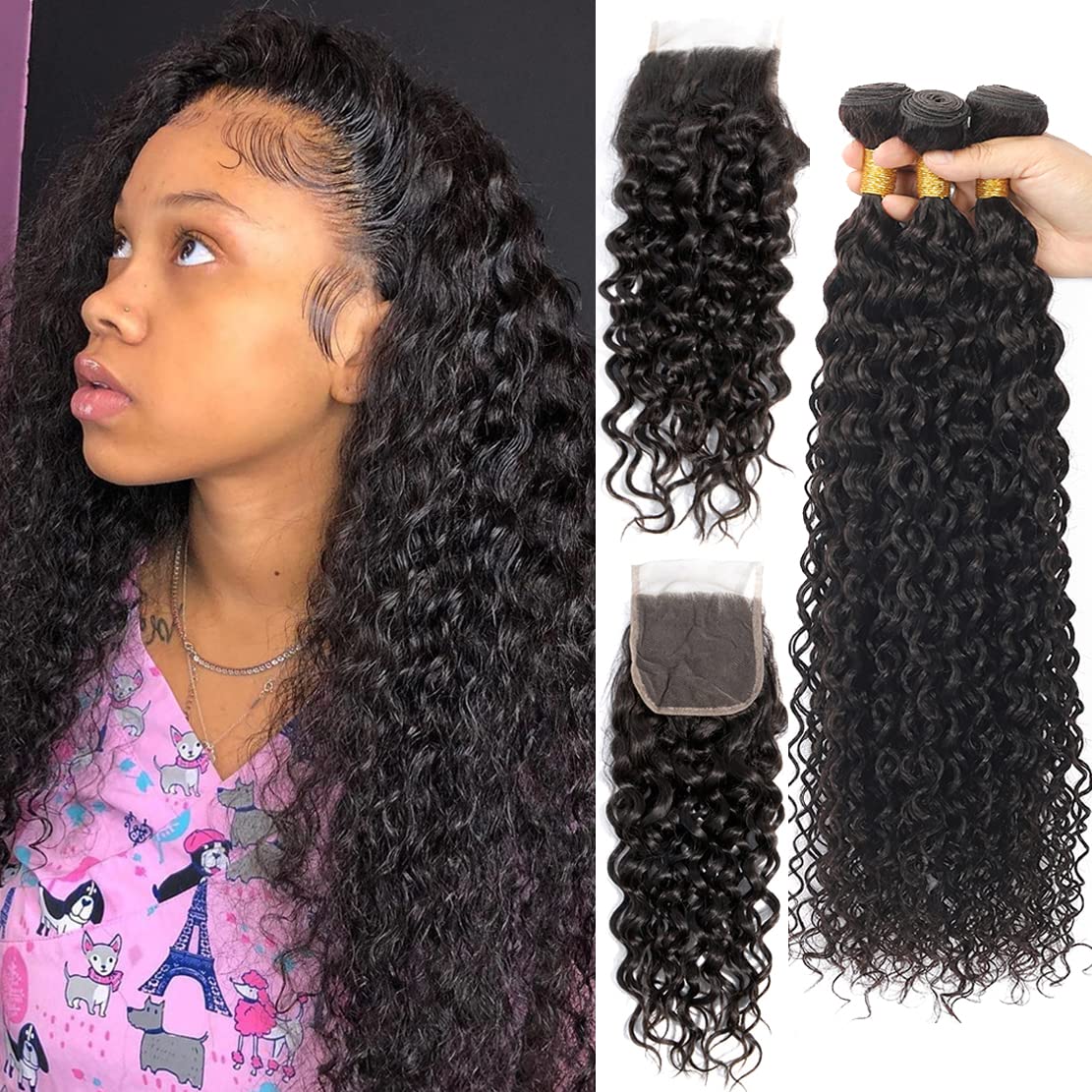 Vallbest Water Wave Human Hair Bundles 18 20 22 + 4X4 Lace Closure For Black Women