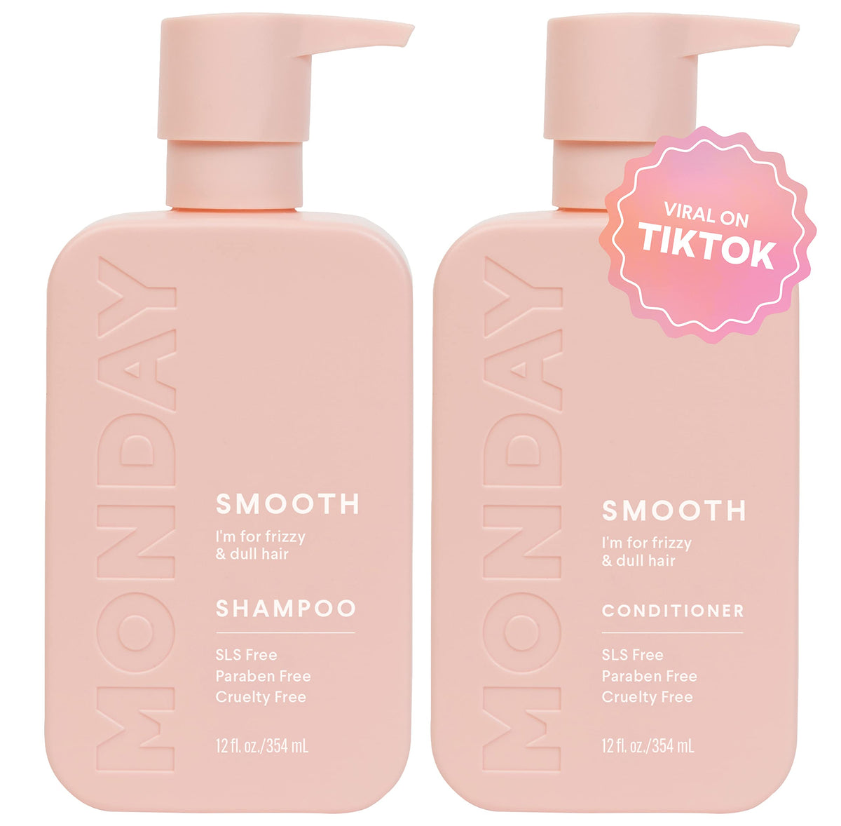 Monday Haircare Smooth Shampoo & Conditioner Set For Frizzy, Curly Hair - 12Oz Each, Pink