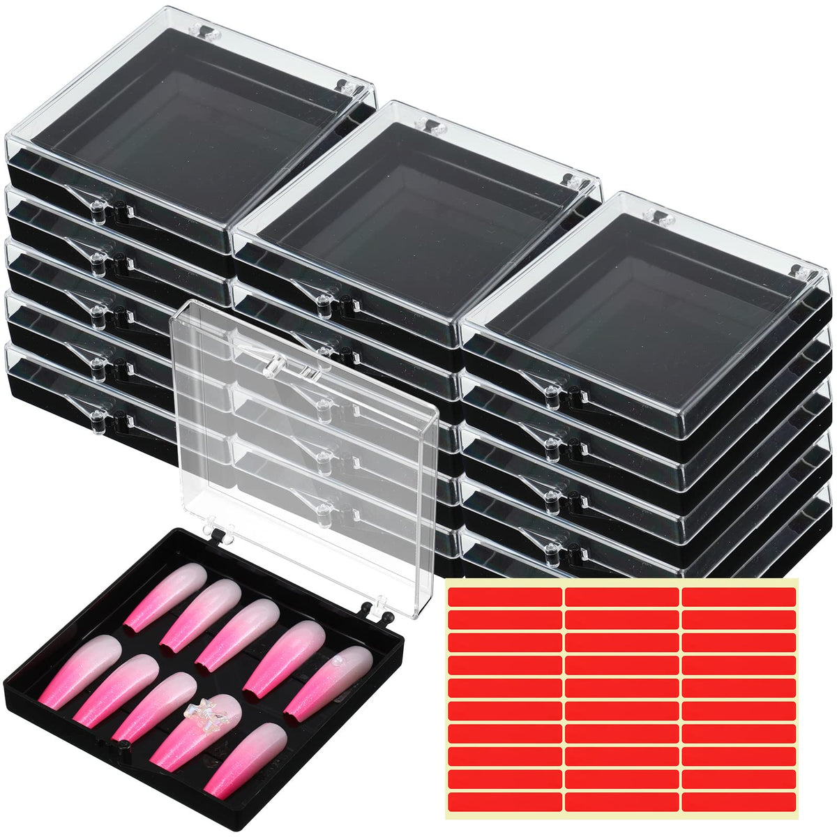 Landhoow 15 Pcs Press On Nail Display Case With Adhesive Tape - Black Acrylic Storage Organizer