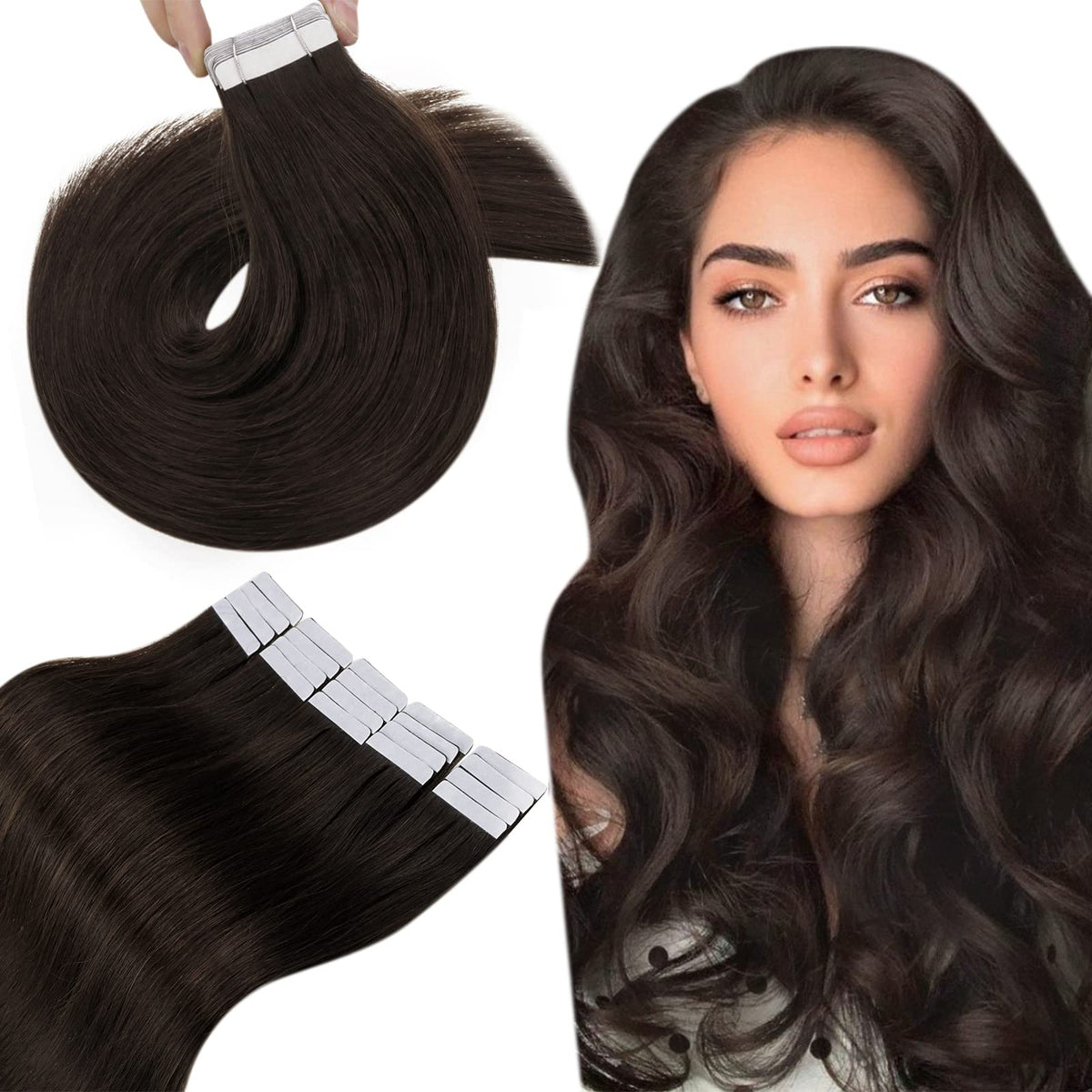 Hetto Tape In Hair Extensions #2 Darkest Brown 22 Inch Silky Remy Human Hair 50G 20Pcs