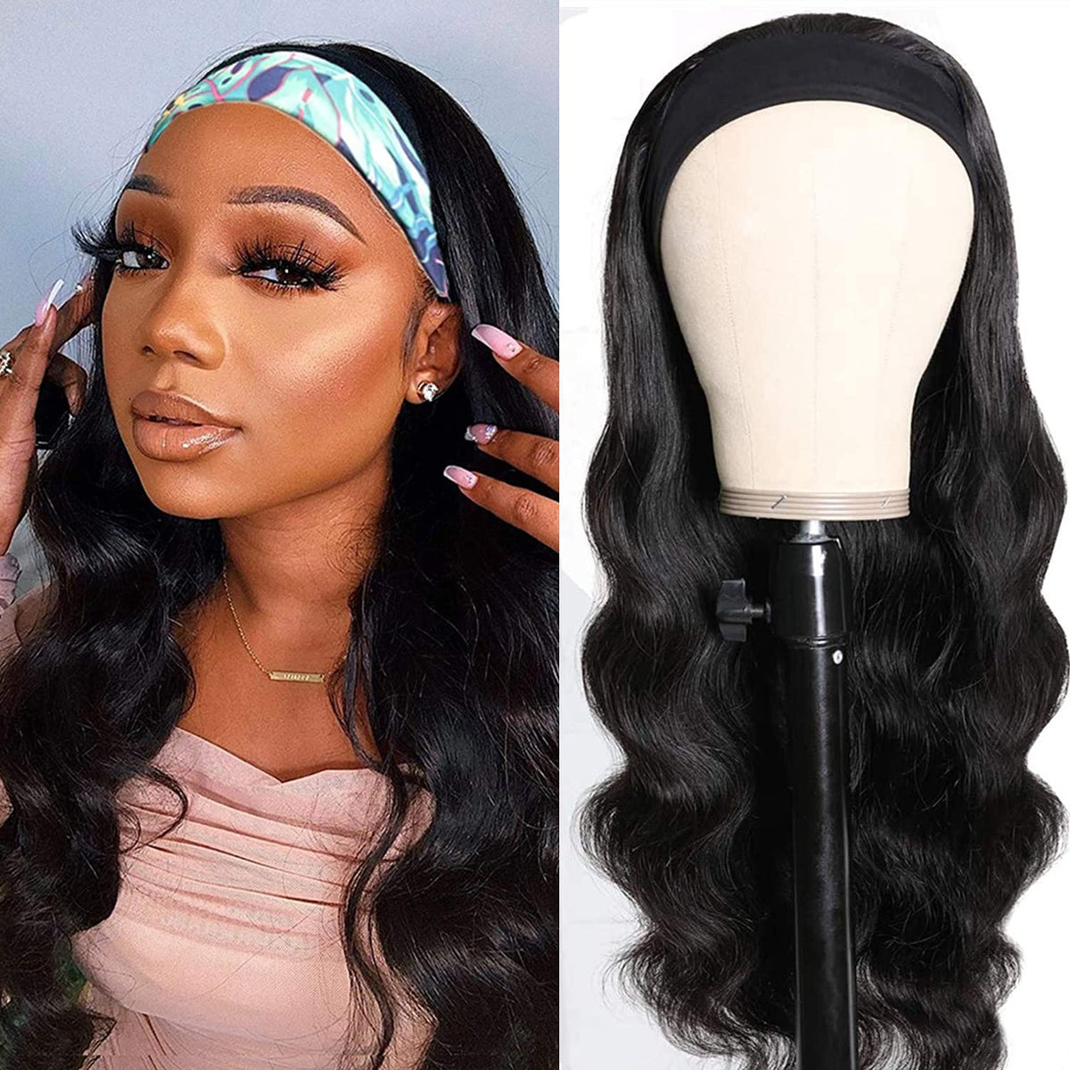 Higher Headband Wig, 16&quot; Body Wave Human Hair, Glueless, Natural Black, 150% Density For Black Women