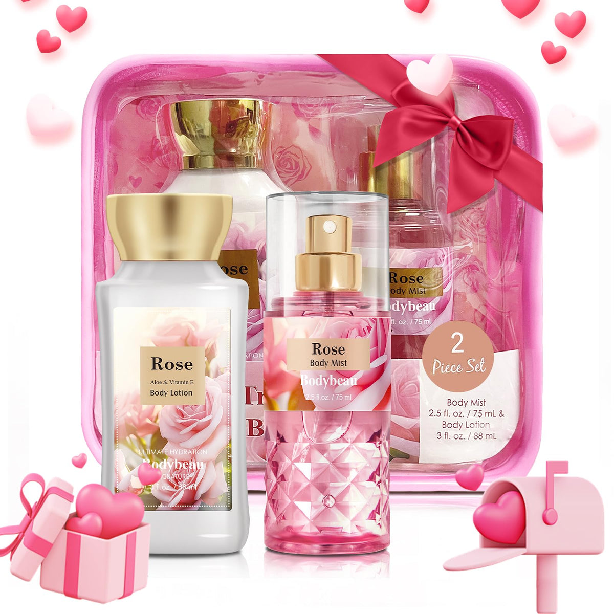 Bodybeau Rose Bath And Body Gift Set For Women - 2Pcs Body Lotion & Mist Travel Set