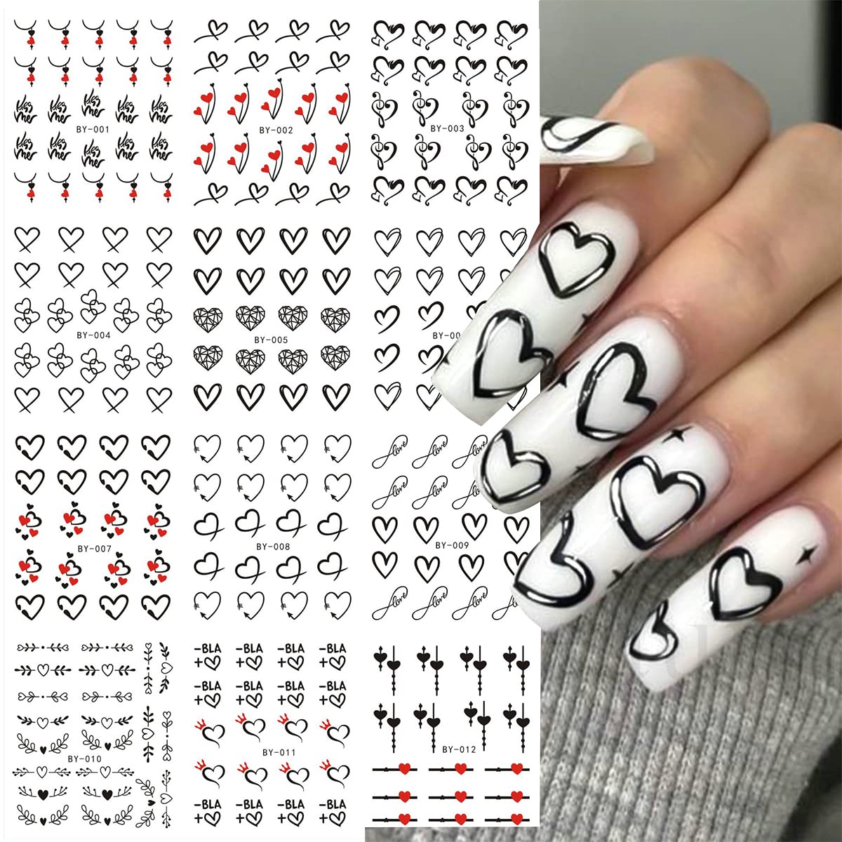 Mangoit 12Pcs Valentine'S Day Nail Water Transfer Stickers Black Heart Flower Nail Art Decor