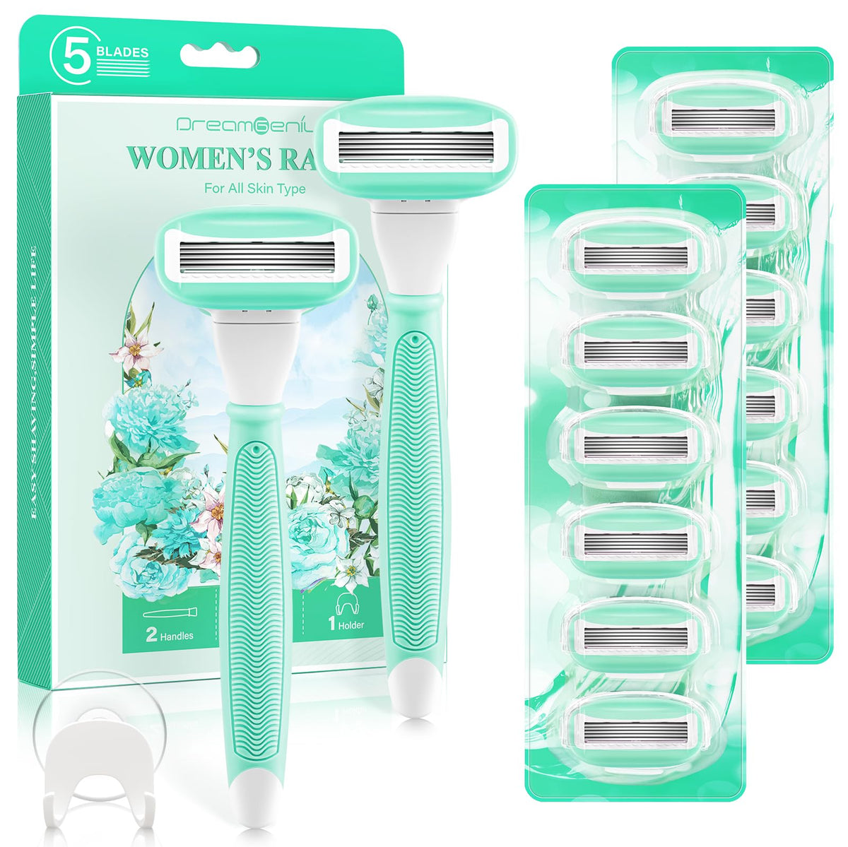 Dreamgenius Women'S Razors - 2 Non-Slip Handles, 14 Refills, 5 Blades, Green, Irritation