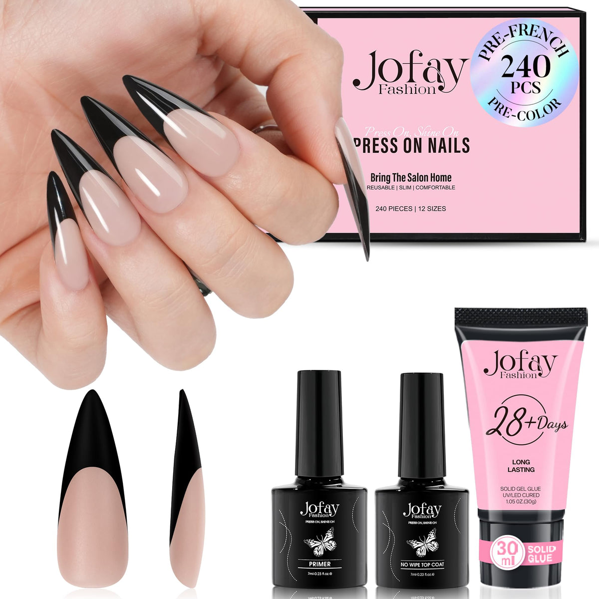 Jofay Fashion 240Pcs Stiletto French Gel Nail Tips Kit With Glue - Nude & Black Tips