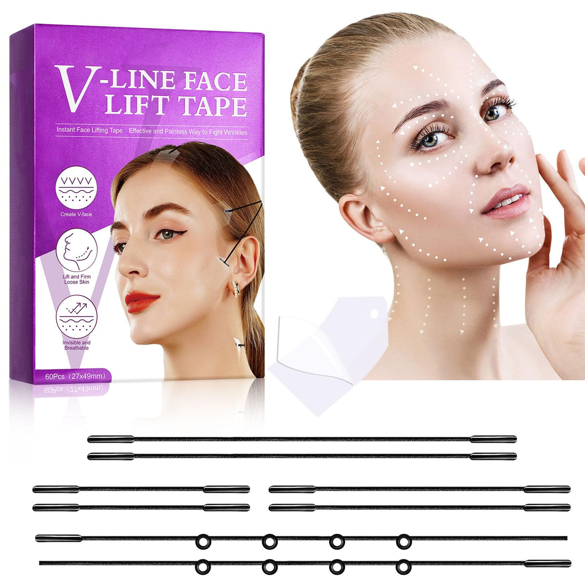 Mcukv Face Tape Lifting - 60Pcs Waterproof Instant Neck & Facial Lift Tape For Wrinkles & Sagging Skin