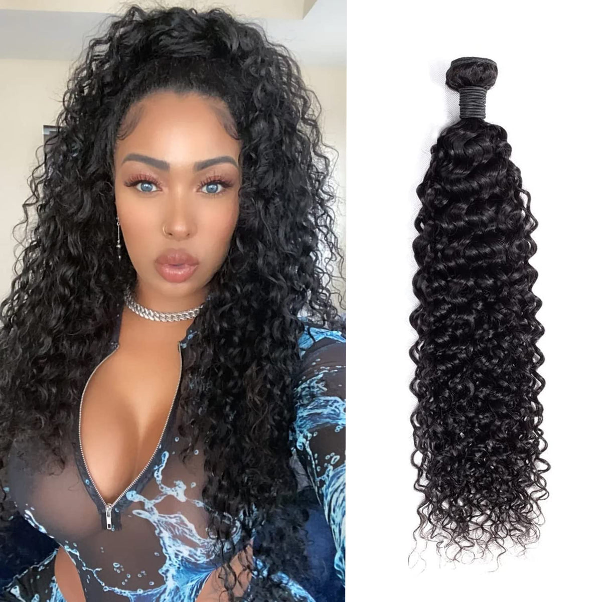 Gemmrnny 24&quot; Deep Water Wave Human Hair Bundle, Natural Black Unprocessed Virgin Curly Weave