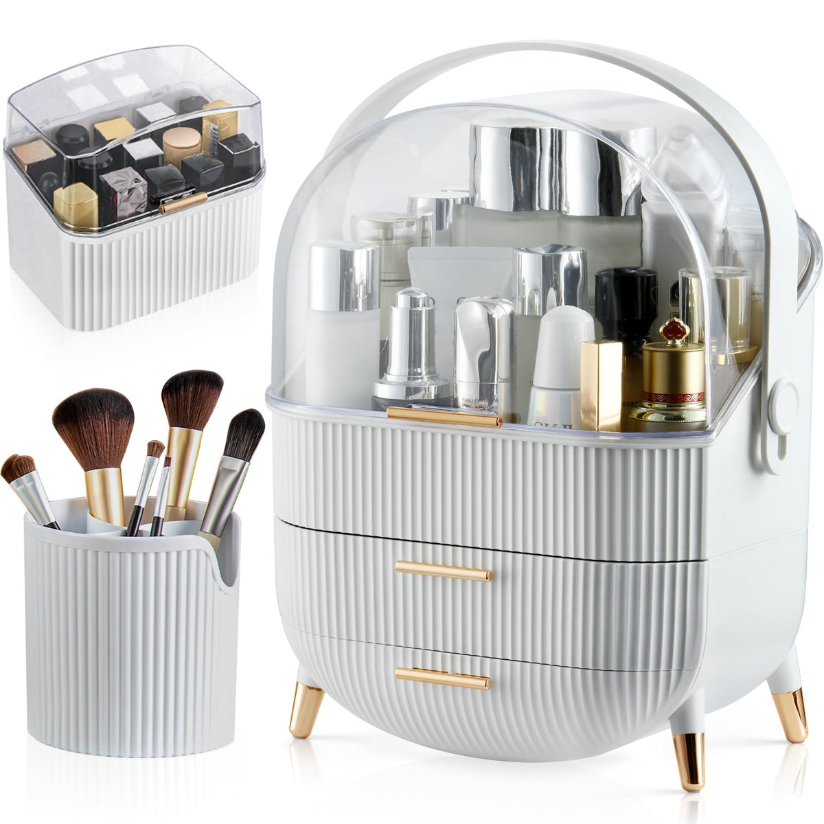 Canitoron Makeup Storage Organizer - Large White Cosmetic Display Case With Brush & Lipstick Holder