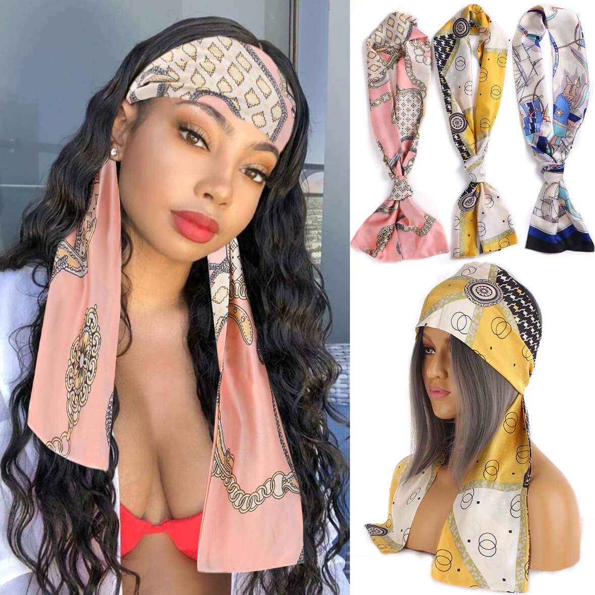 Leeven Satin Edge Scarf Set - Non-Slip Printed Headbands for Lace Wigs & Hair Wrapping, 3 Count