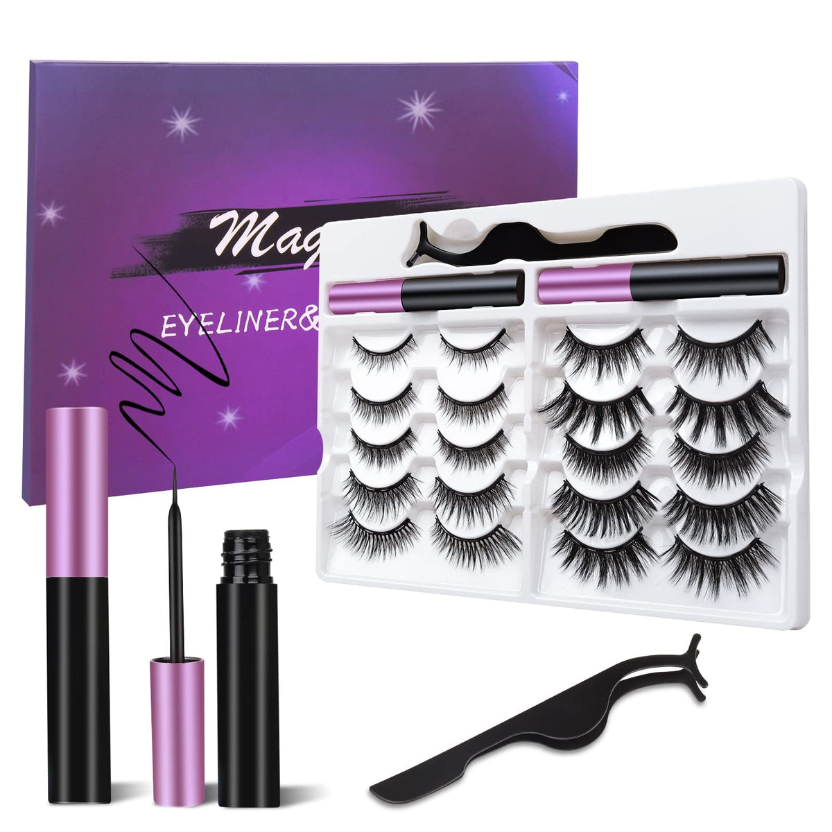 Yuninfang [10 Pairs] Magnetic Eyelashes & Eyeliner Kit - Reusable, No Glue, 3D