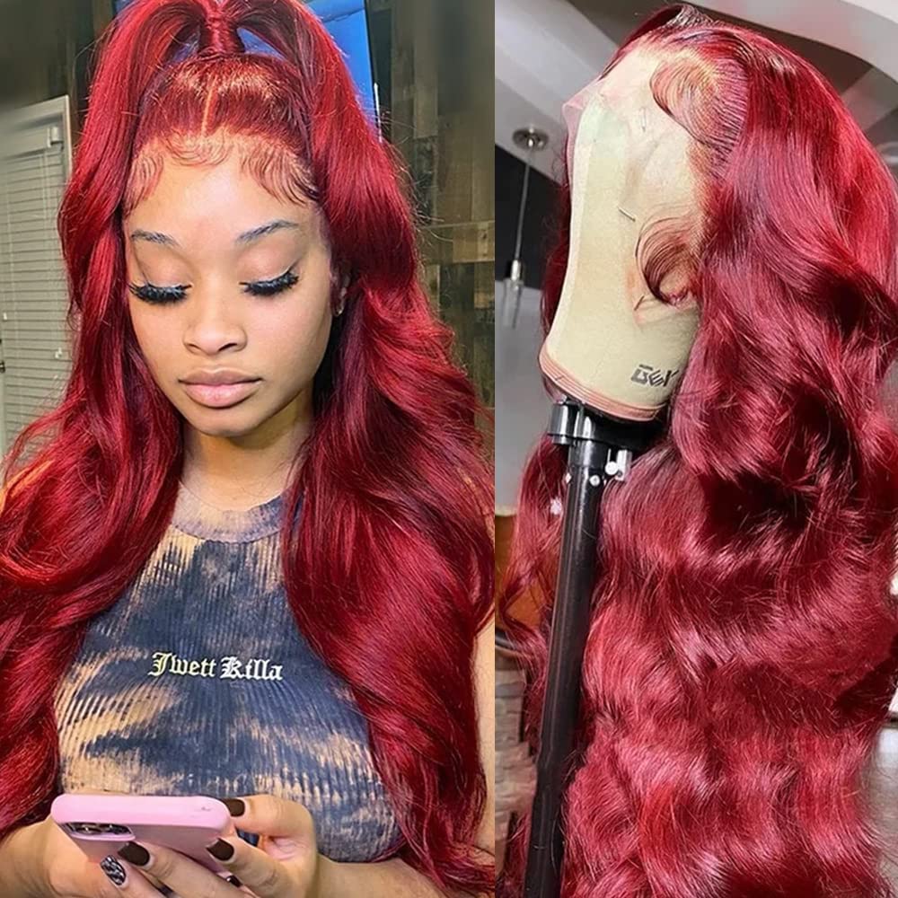 Mupretty 20&quot; 99J Burgundy Lace Front Wig Human Hair Body Wave 180% Density Glueless Pre Plucked