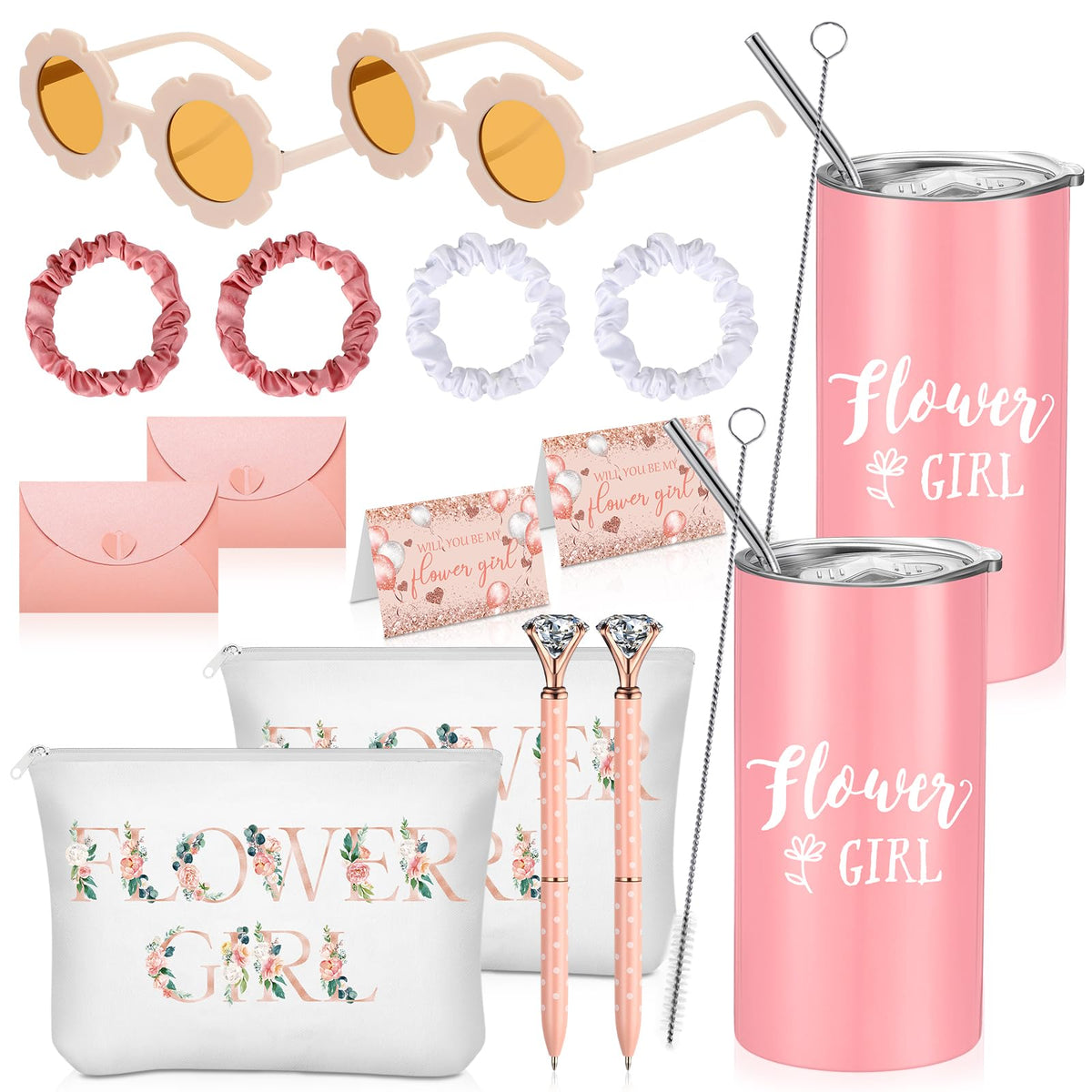 Sieral 16 Pcs Flower Girl Proposal Gift Set - Tumblers, Makeup Bag, Card, Hair Scrunchies, Pink