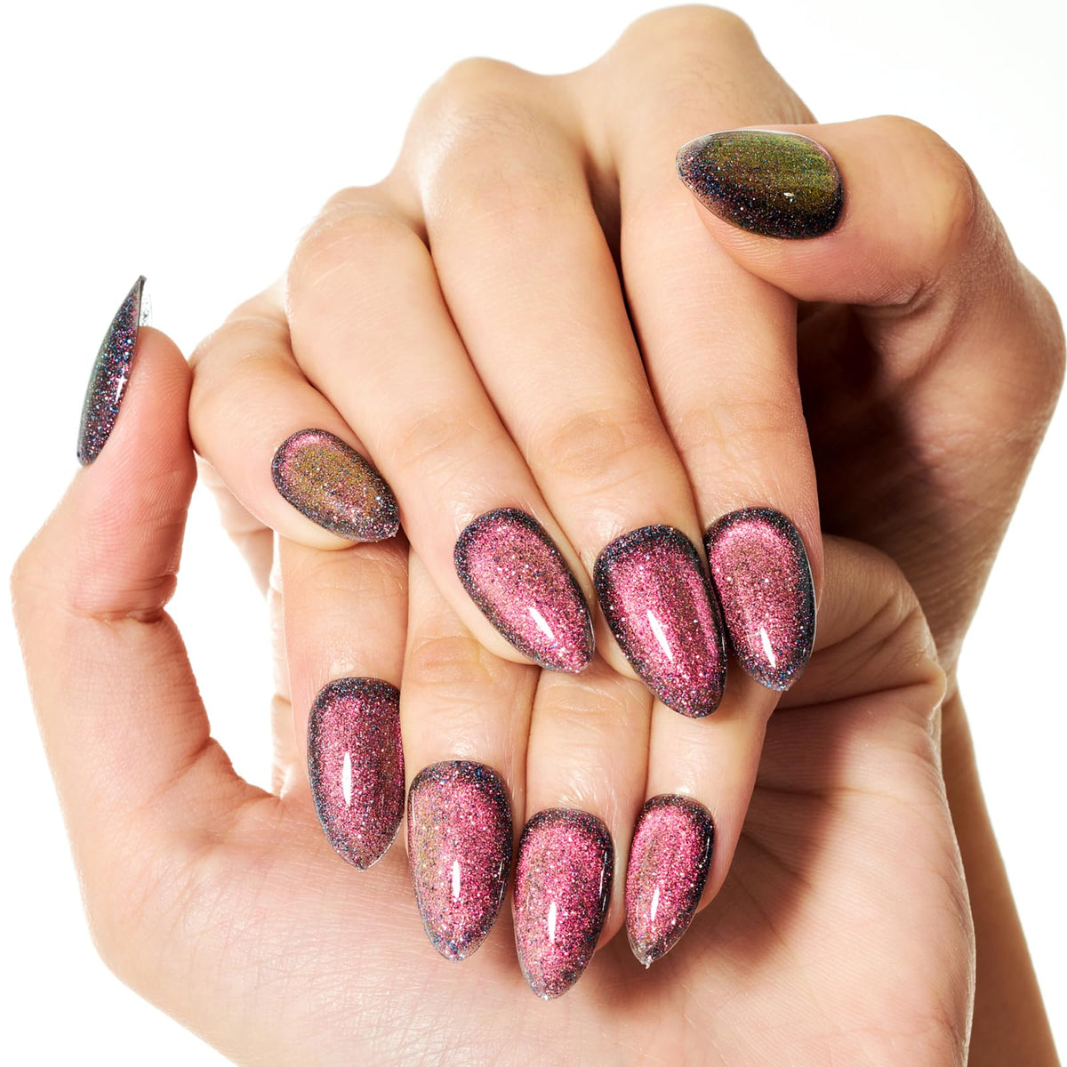 Glamermaid Purple Black Press On Nails - Short Almond Cat Eye Gel, Glitter Reusable Manicure Kits