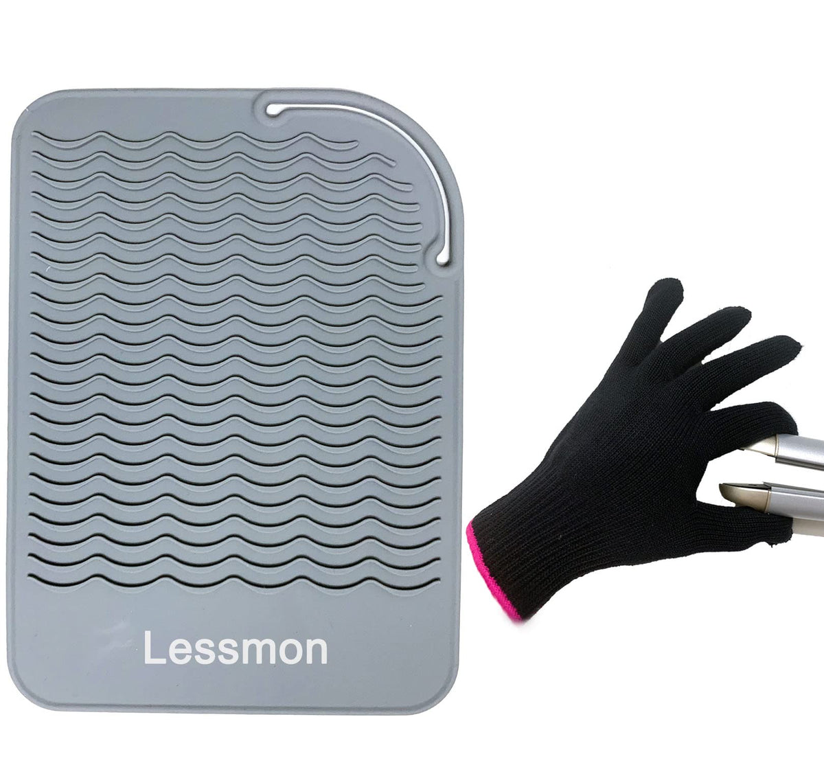 Lessmon Flat Iron Travel Mat & Heat Resistant Glove Set - Gray Silicone, 9” x 6.5”