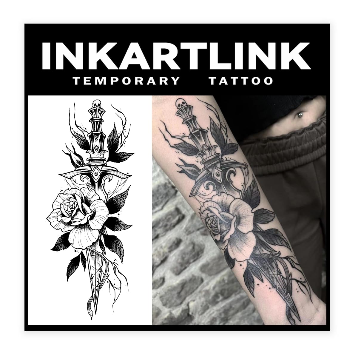 Inkartlink Flower And Sword Semi-Permanent Tattoo - 2 Sheets, Waterproof, Realistic Design