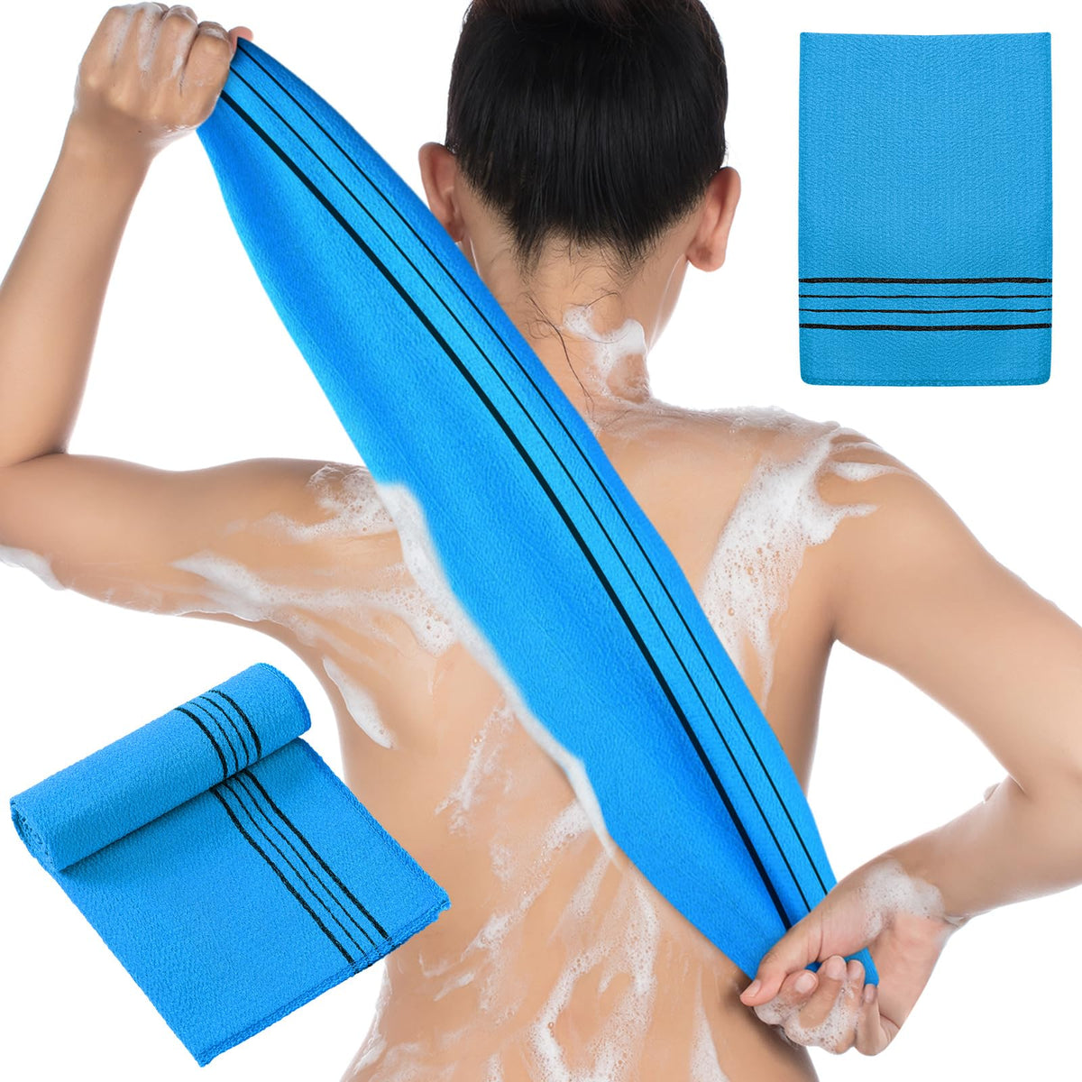 Hosuly Exfoliating Back Washcloth Towel & Mitt - Korean Body Scrubber For Men & Women (Blue)