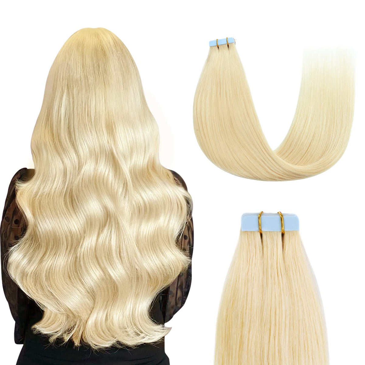 Sunya 22&quot; Tape In Hair Extensions - Human Hair, Seamless Skin Weft, #613 Bleach Blonde, 50G