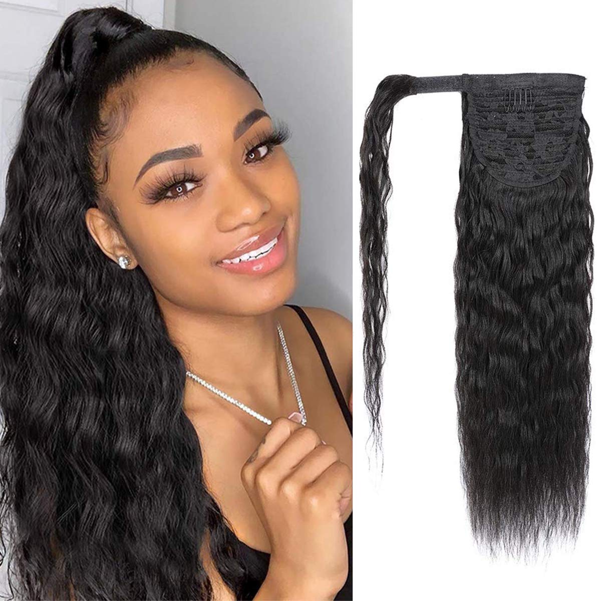 Kislemon 16&quot; Water Wave Ponytail Extension, Natural Black, 10A Remy Hair, Clip-In, Bouncy