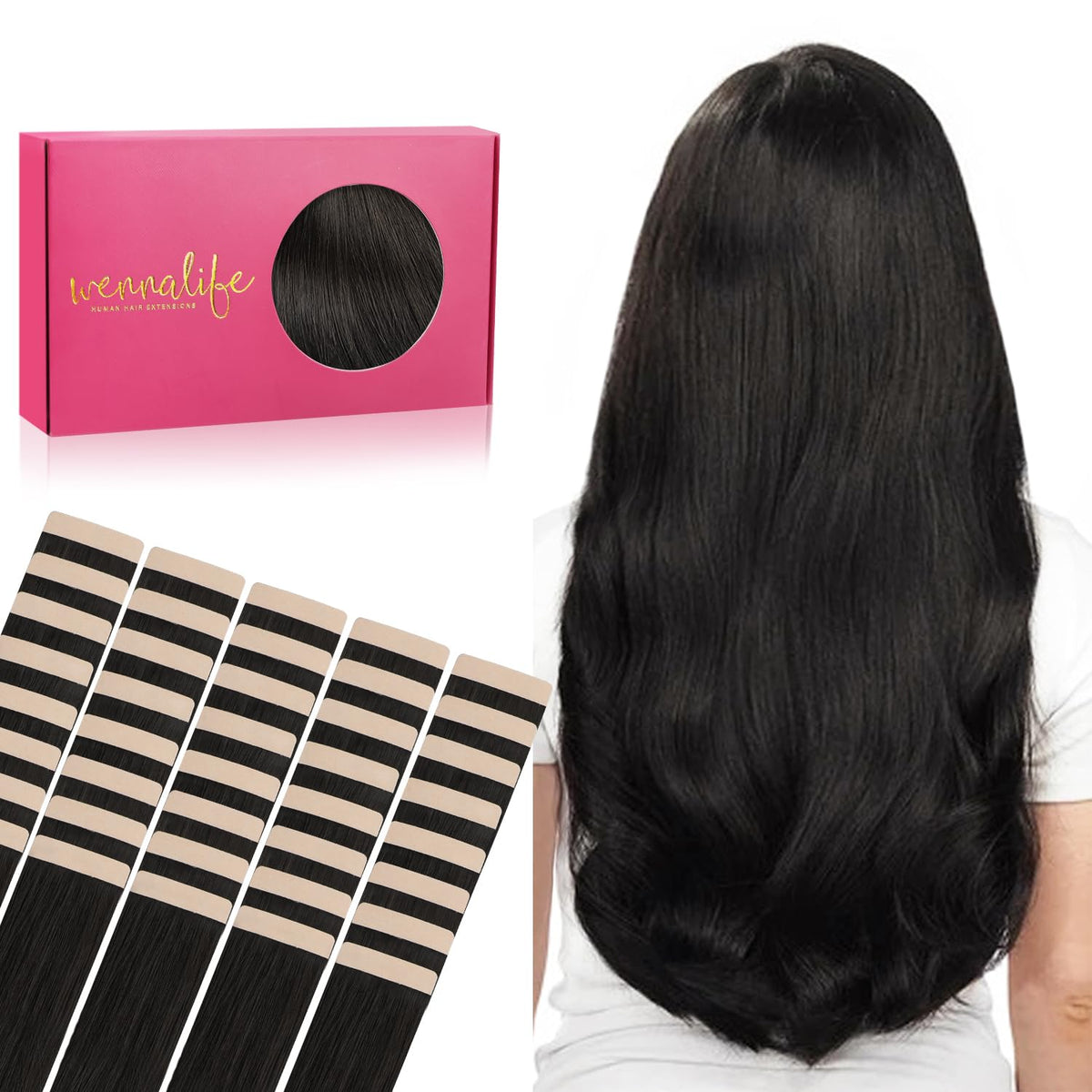 WENNALIFE 20&quot; Tape in Hair Extensions, 40pcs 100g Natural Black Real Human Hair, Reusable