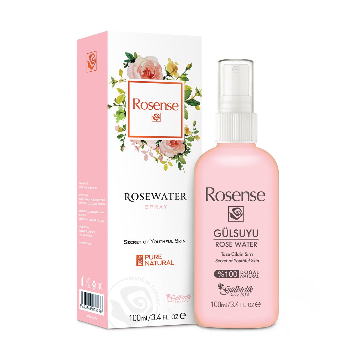 Rosense 100% Pure Vegan Turkish Rosewater Face Mist & Toner, 3.4 Fl Oz - No Additives, Hyd