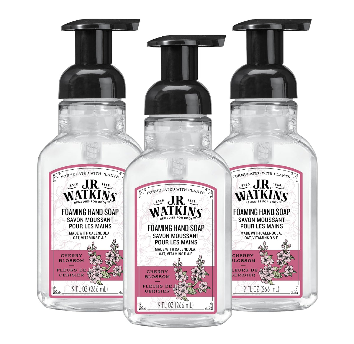 J.R. Watkins Cherry Blossom Foaming Hand Soap, Alcohol-Free, 9 Fl Oz, 3 Pack, Usa Made