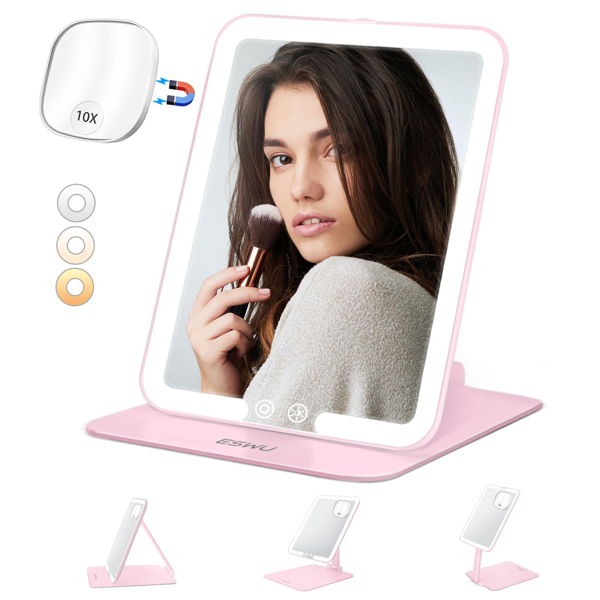 Eswu Pink Travel Makeup Mirror With Light, 10X Magnifying, Portable, Compact Vanity Mirror