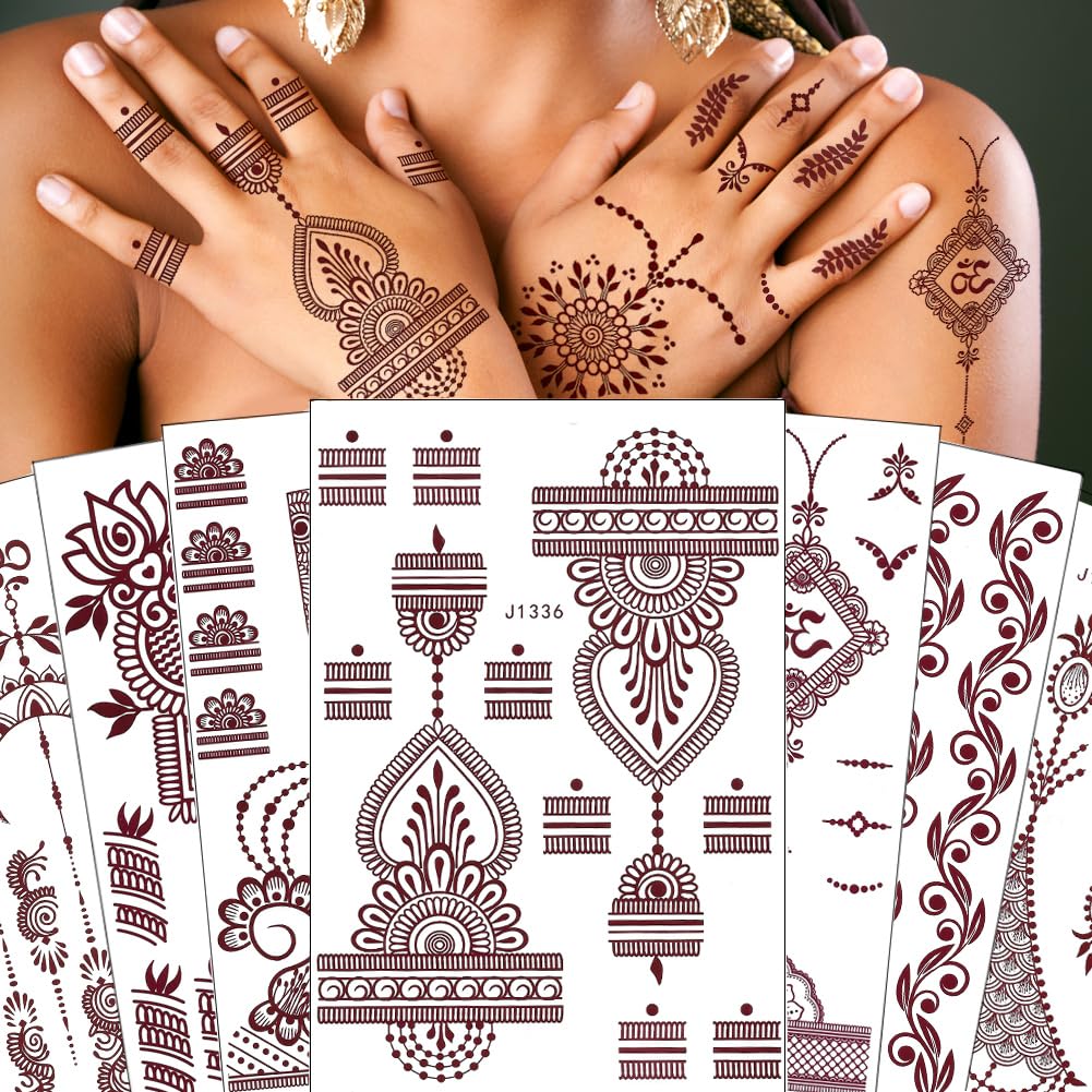 Xmasir 12 Sheets Brown Henna Tattoo Kit - Waterproof Temporary Stickers For Weddings & Parties