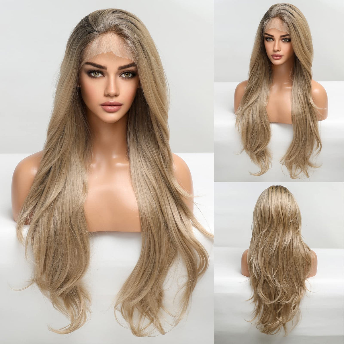 Emmor Long Blonde Lace Front Wig 27&quot; Layered Curly Synthetic Hair For Daily Use - Beach Golden Blonde