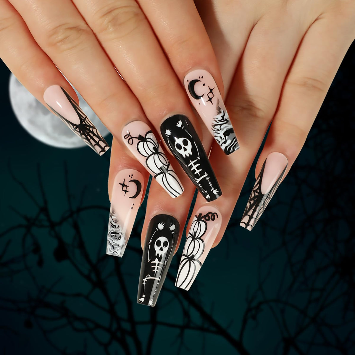 Tyuimhx Halloween Press On Nails - Long Coffin, French Tip, Skull & Pumpkin Designs, Glossy Finish