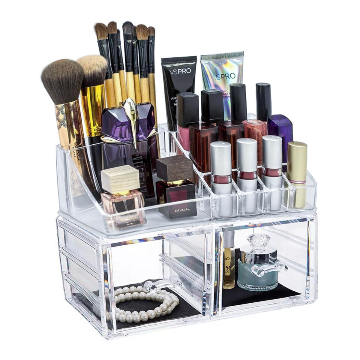 Control Kitchen Clear Makeup Organizer With 2 Drawers, 16 Compartments For Vanity & Bathroom