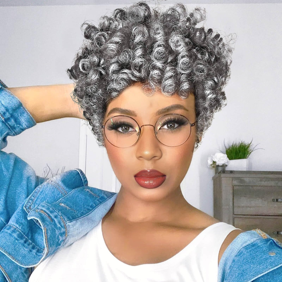 PHOCAS Curly Crochet Hair 10 Inch - 5 Packs Gray & Black Synthetic Hair Extensions