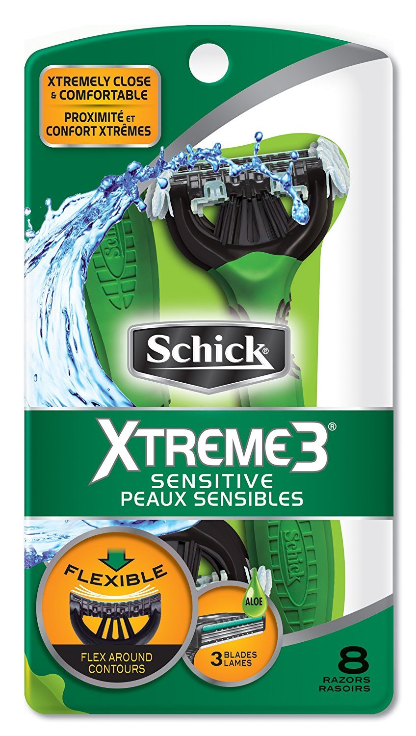 Schick Xtreme 3 Sensitive Skin Disposable Razors For Men, 8 Count, Green & Black