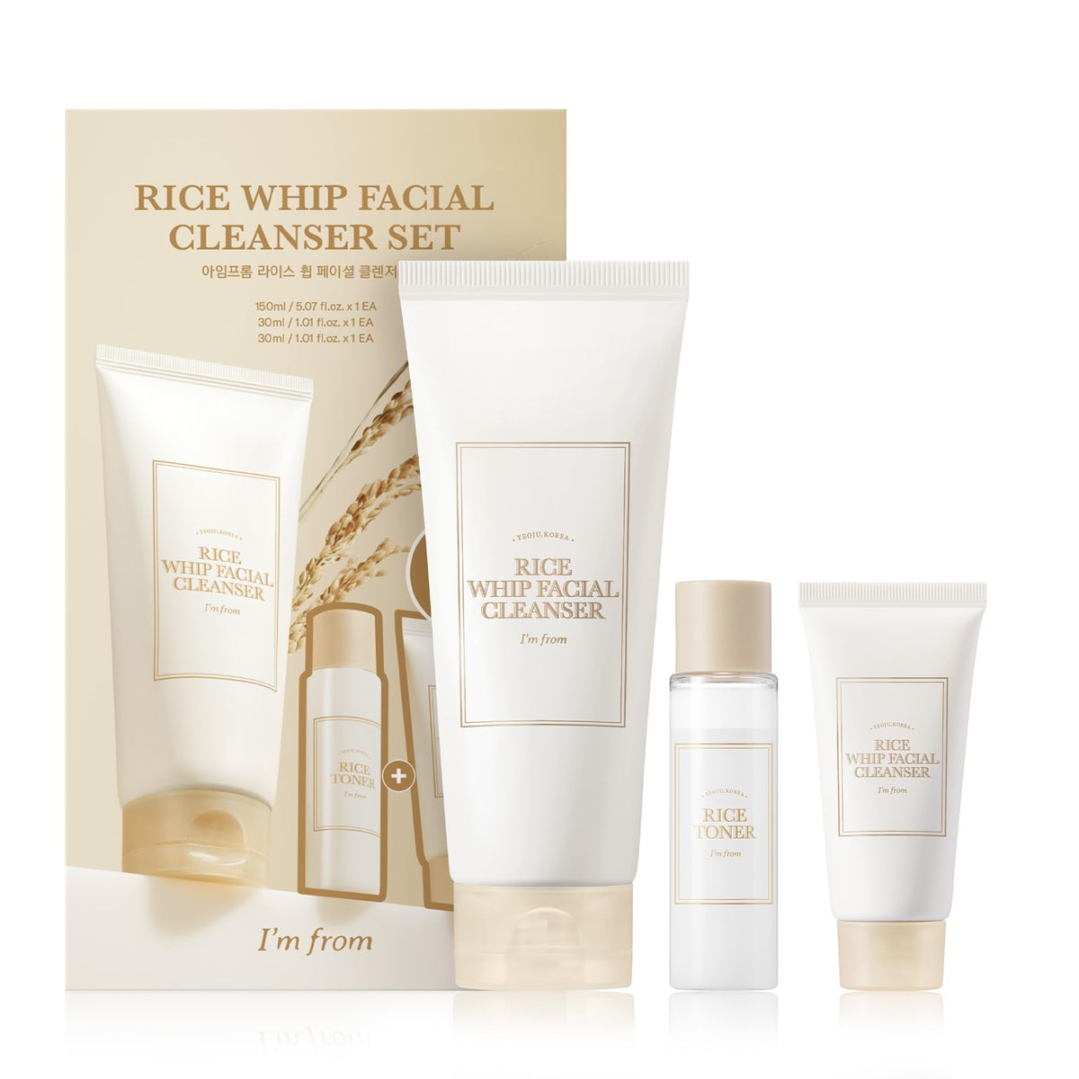 I'M From Rice Whip Facial Cleanser Set - 3 Pcs Travel Kit For Sensitive, Dry Skin