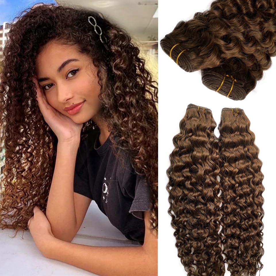 Smartinnov 24&quot; Medium Brown Sew In Hair Extensions, Real Human Hair, Deep Curly Water Wave #4