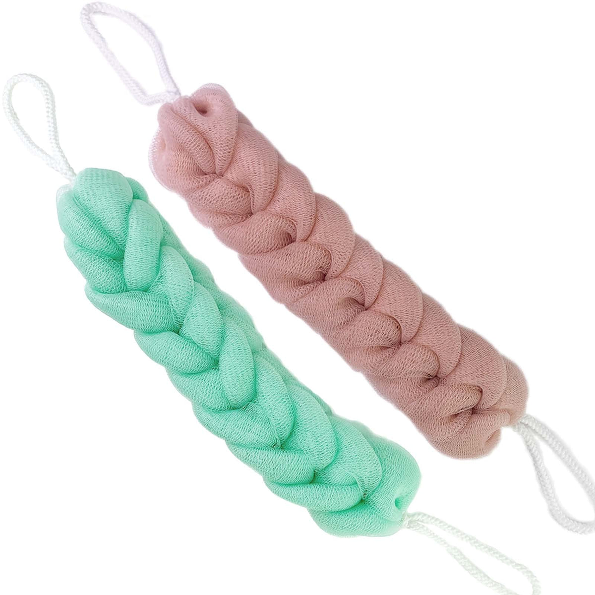 Pphao Back Scrubber - Long Loofah Sponge For Shower, 2 Pack, Green & Pink, Exfoliating Bath Tool