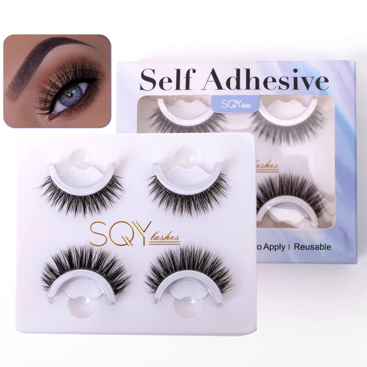 Sqylashes Glueless Lashes - Self Adhesive, Reusable, Waterproof, Natural Look, 2 Pairs, Black