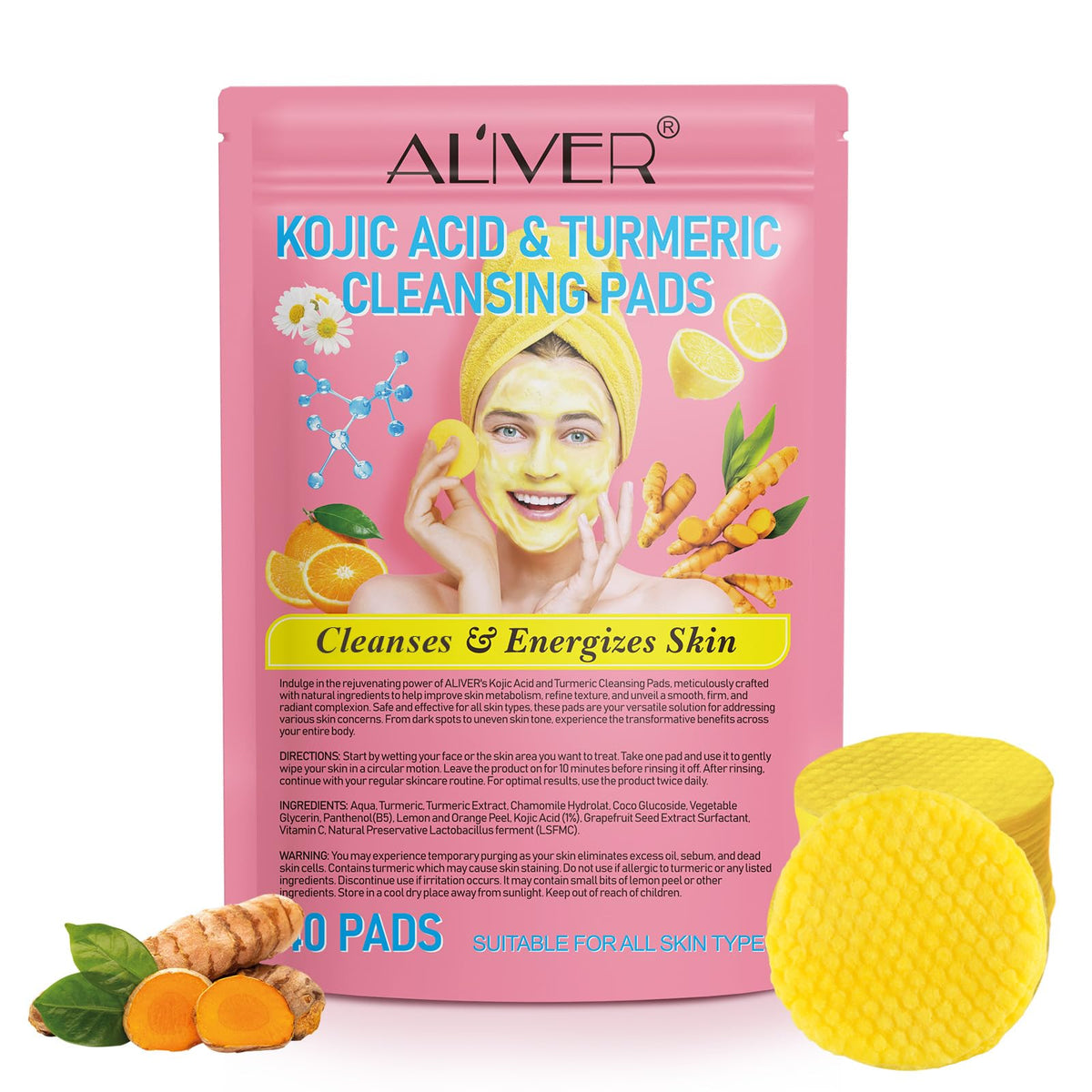 Nifeishi Turmeric Kojic Acid Cleansing Pads - 40Pcs Exfoliating Face Scrub With Vitamin C