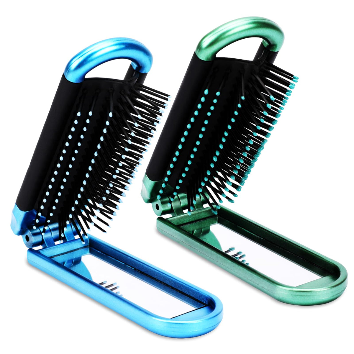 Sliverdew Mini Folding Hair Brush With Mirror, Compact Travel Comb For Women & Girls - Blue & Green