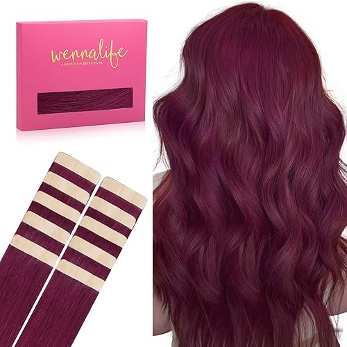 WENNALIFE 14&quot; Light Burgundy Tape in Hair Extensions, 10pcs Remy Human Hair, Soft & Invisible