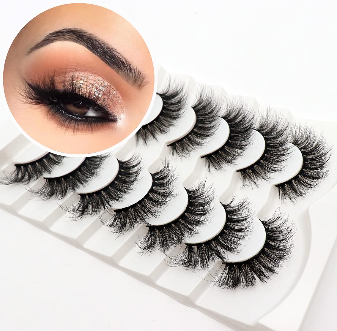 Veleasha Fluffy Faux Mink Lashes - 7 Pairs Cat Eye, Natural Look, Handmade, Black