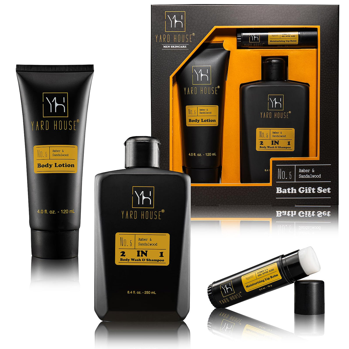 Yard House Men'S Bath And Body Gift Set - Sandalwood Amber, Body Wash, Lotion, Lip Balm