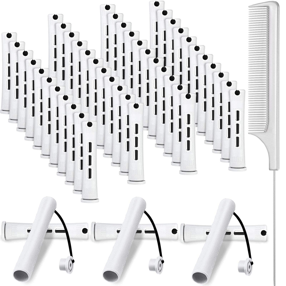 WILLBOND 48 Hair Perm Rods, 0.63&quot; White Plastic Curling Rollers with Steel Pintail Comb